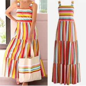 J Crew Size Medium Rainbow Stripe Long Maxi Dress Summer Cotton Knit AP172